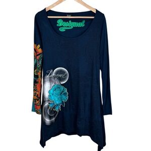 Desigual Y2K Women Navy Blue Long Sleeve Graphic Rose Patch Tunic Top Large